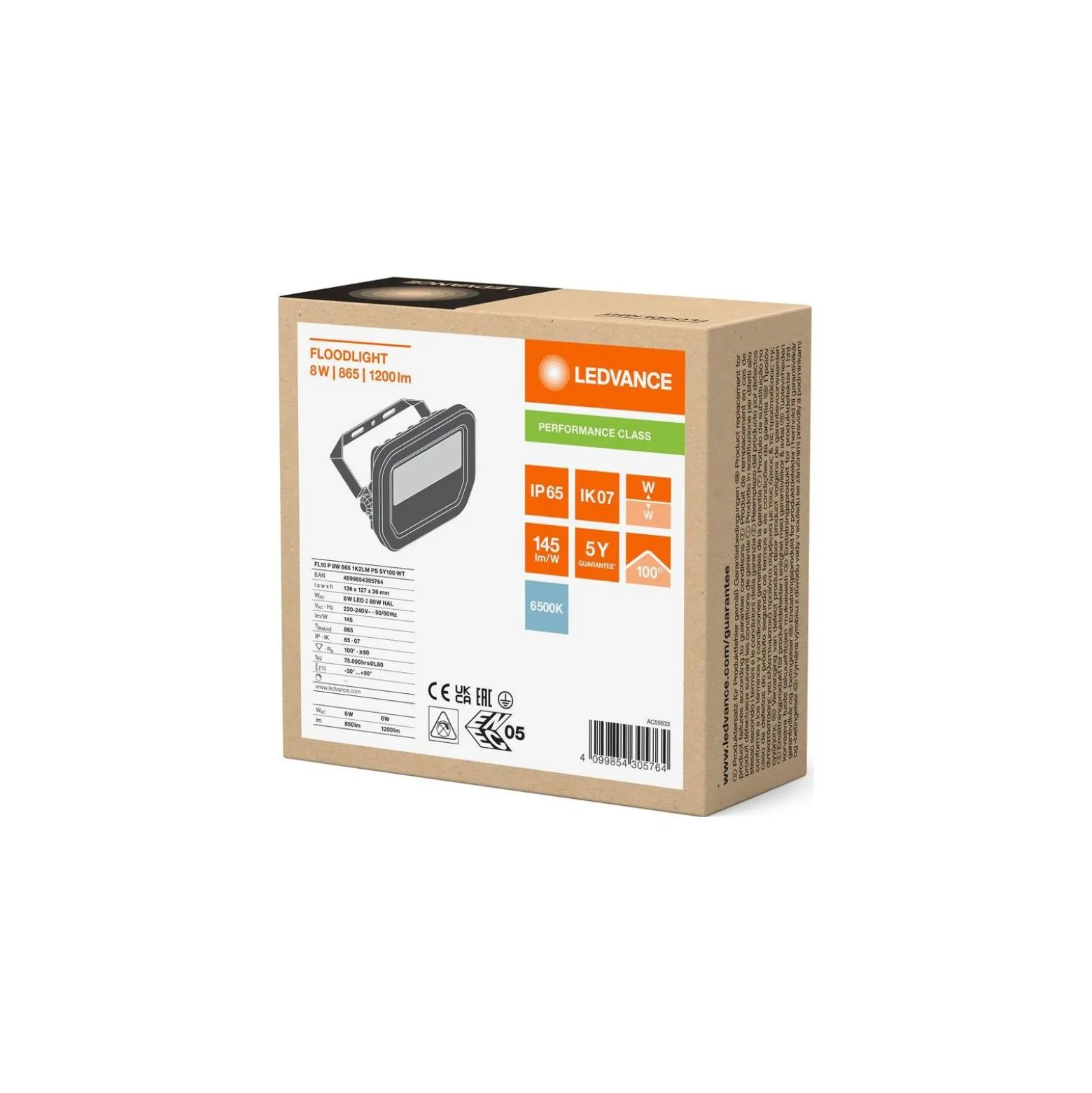 Ledvance LED Strålkastare Aluminium Vit 8W 1200lm 100D - 865 Dagsljus | IP66 - Symmetrisk
