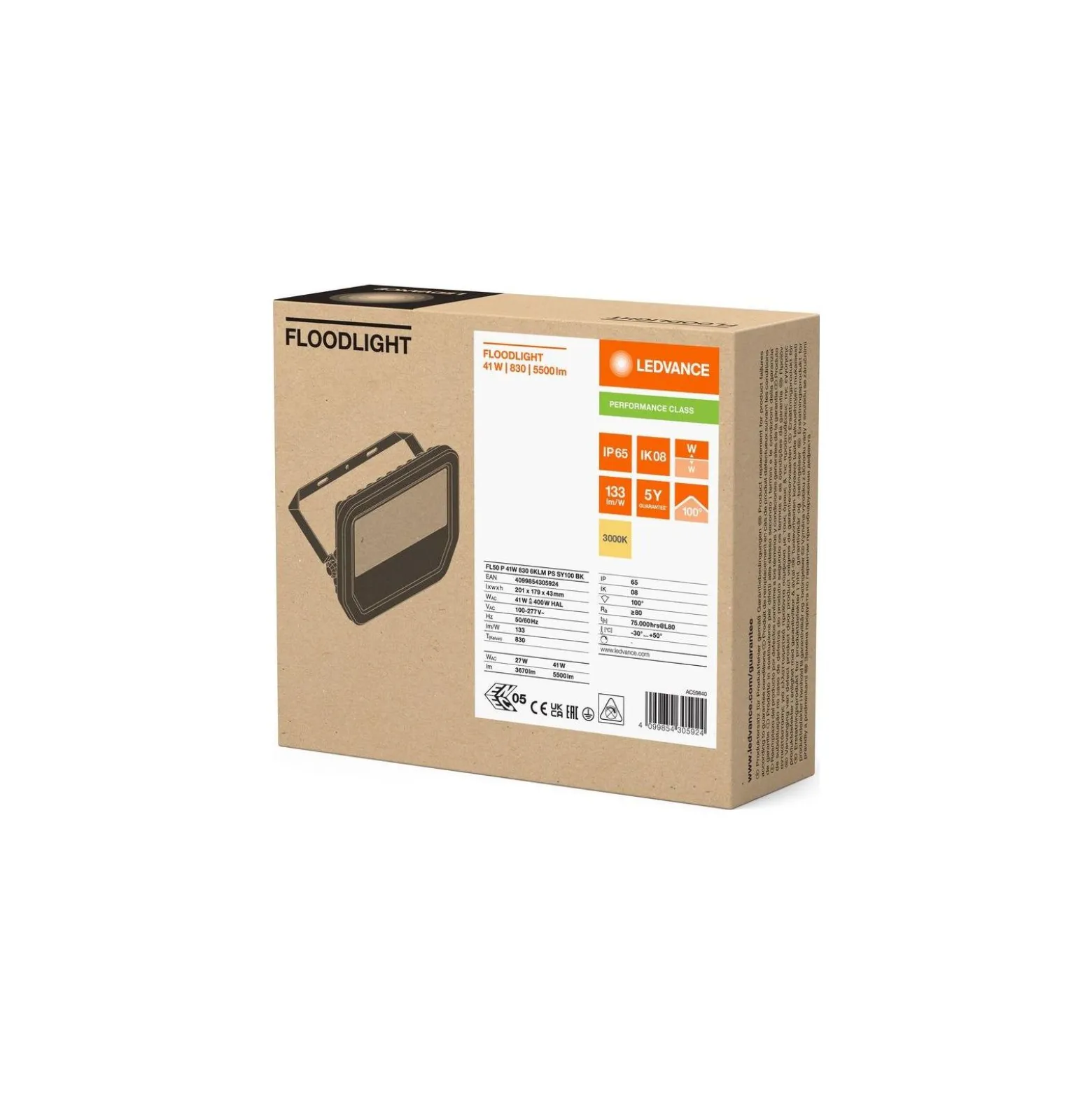 Ledvance LED Strålkastare Aluminium Svart 41W 5500lm 100D - 830 Varm Vit | IP66 - Symmetrisk