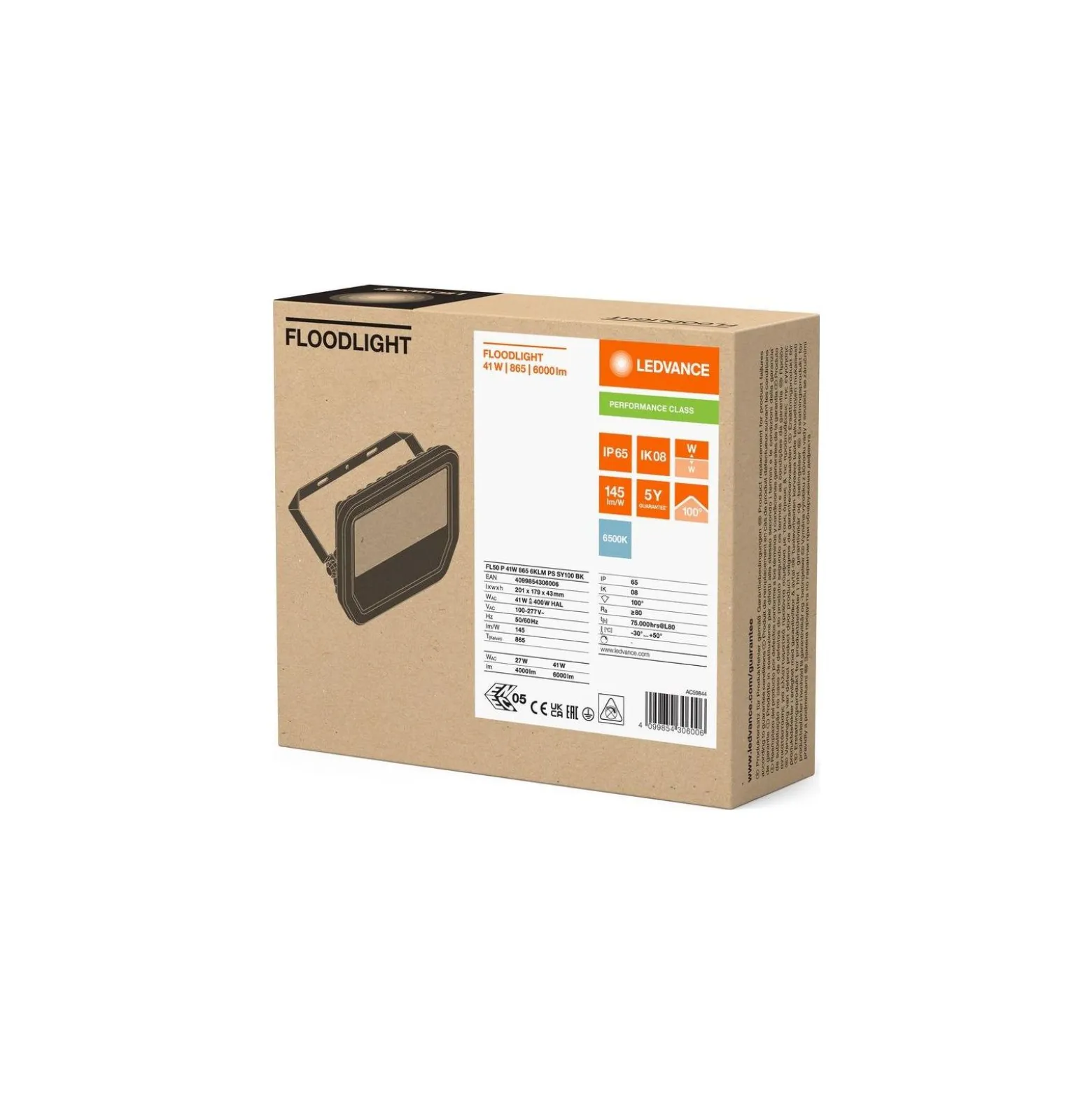 Ledvance LED Strålkastare Aluminium Svart 41W 6000lm 100D - 865 Dagsljus | IP66 - Symmetrisk