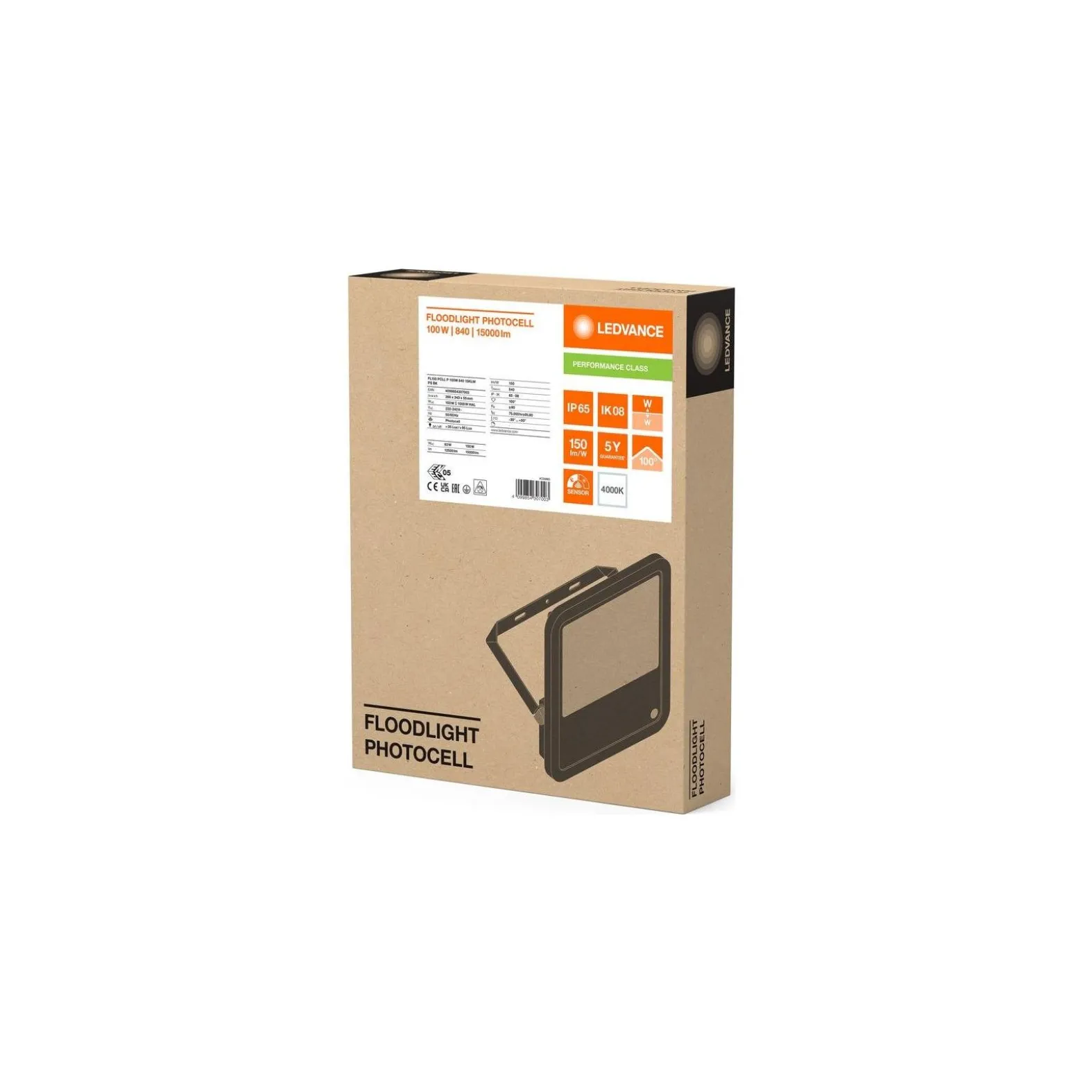 Ledvance LED Strålkastare Aluminium Svart 100W 15000lm 100D - 840 Kallvit | IP66 - Ljussensor - Symmetrisk