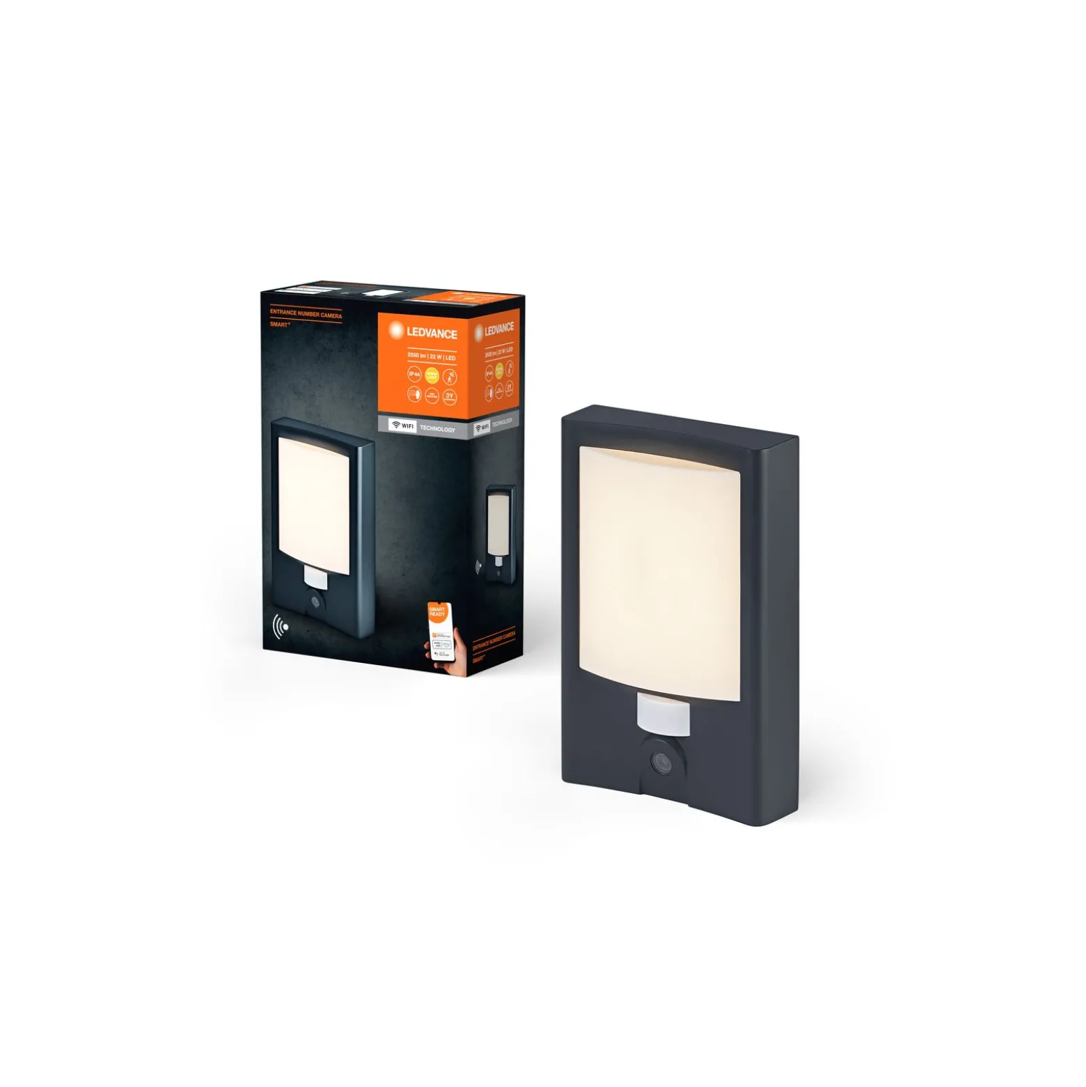 Ledvance LED Vägglampa Utomhus Kamera Grå 22W 1500lm - 830 Varm Vit | IP44 - Rörelse- och Ljussensor - Dimbar