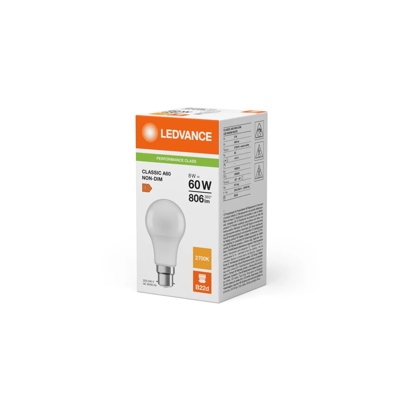 Ledvance Performance LED Lampa B22d Päron Matt 8.5W 806lm - 827 Extra Varm Vit | Ersättare 60W