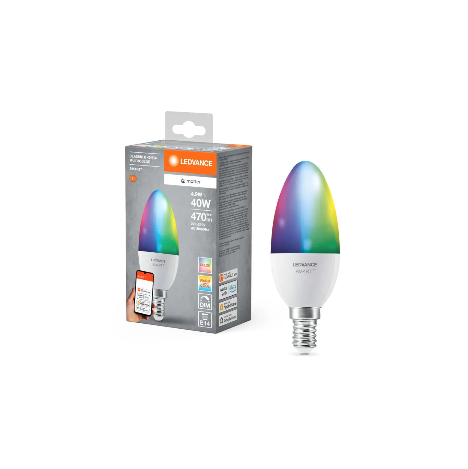 Ledvance Smart+ Matter E14 B40 4.9W 470lm - 827-865 Justerbar Vit | RGBW - Dimbar - Ersättare 40W