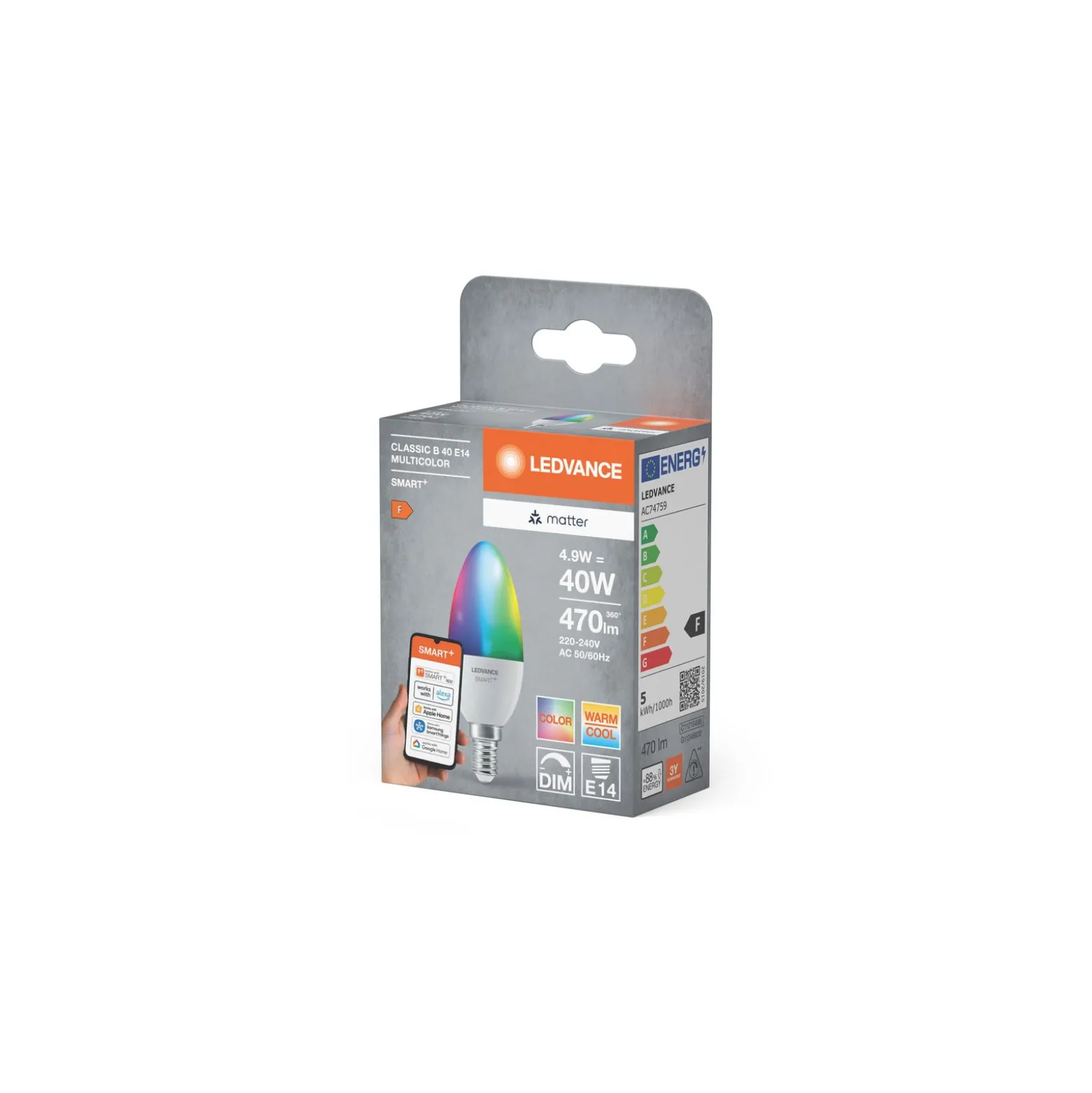 Ledvance Smart+ Matter E14 B40 4.9W 470lm - 827-865 Justerbar Vit | RGBW - Dimbar - Ersättare 40W