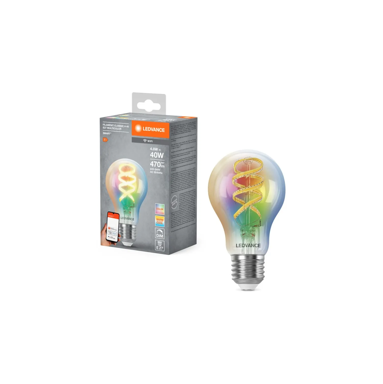 Ledvance Smart+ Wifi E27 A60 4.8W 470lm - 827-865 Justerbar Vit | RGBW - Dimbar - Ersättare 40W