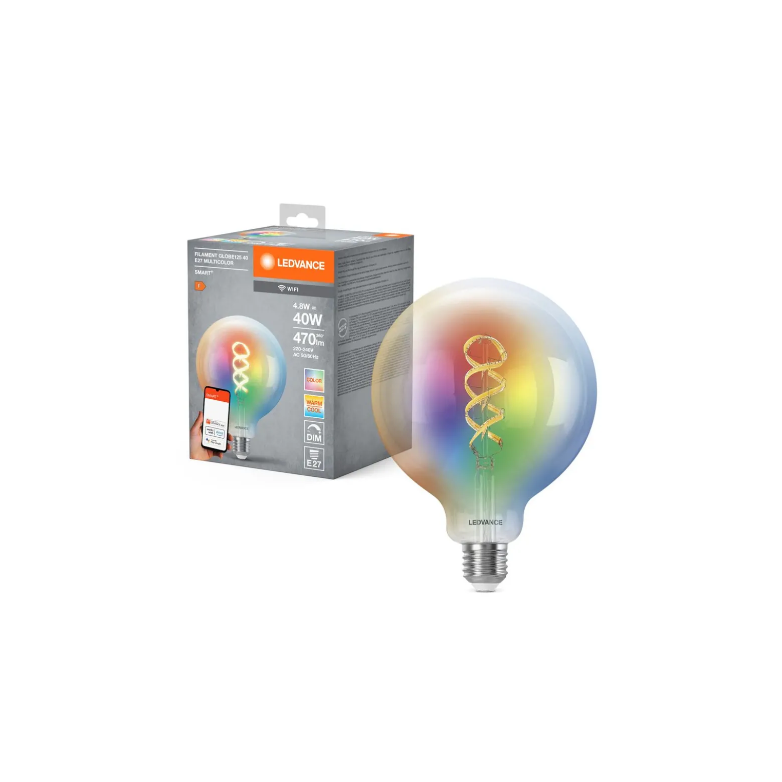 Ledvance Smart+ Wifi E27 G125 4.8W 470lm - 827-865 Justerbar Vit | RGBW - Dimbar - Ersättare 40W