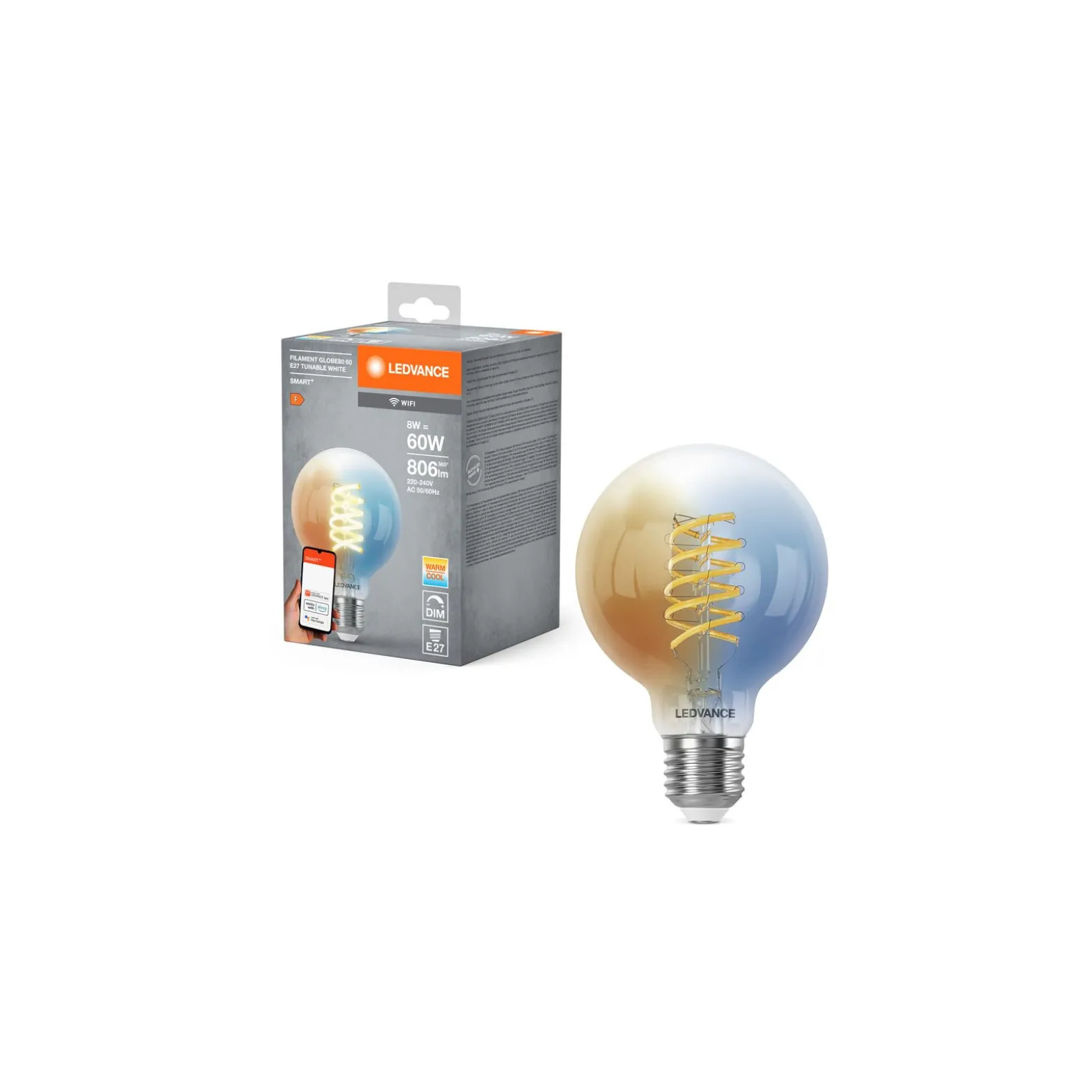 Ledvance Smart+ Wifi E27 G80 8W 806lm - 827-865 Justerbar Vit | Dimbar - Ersättare 60W