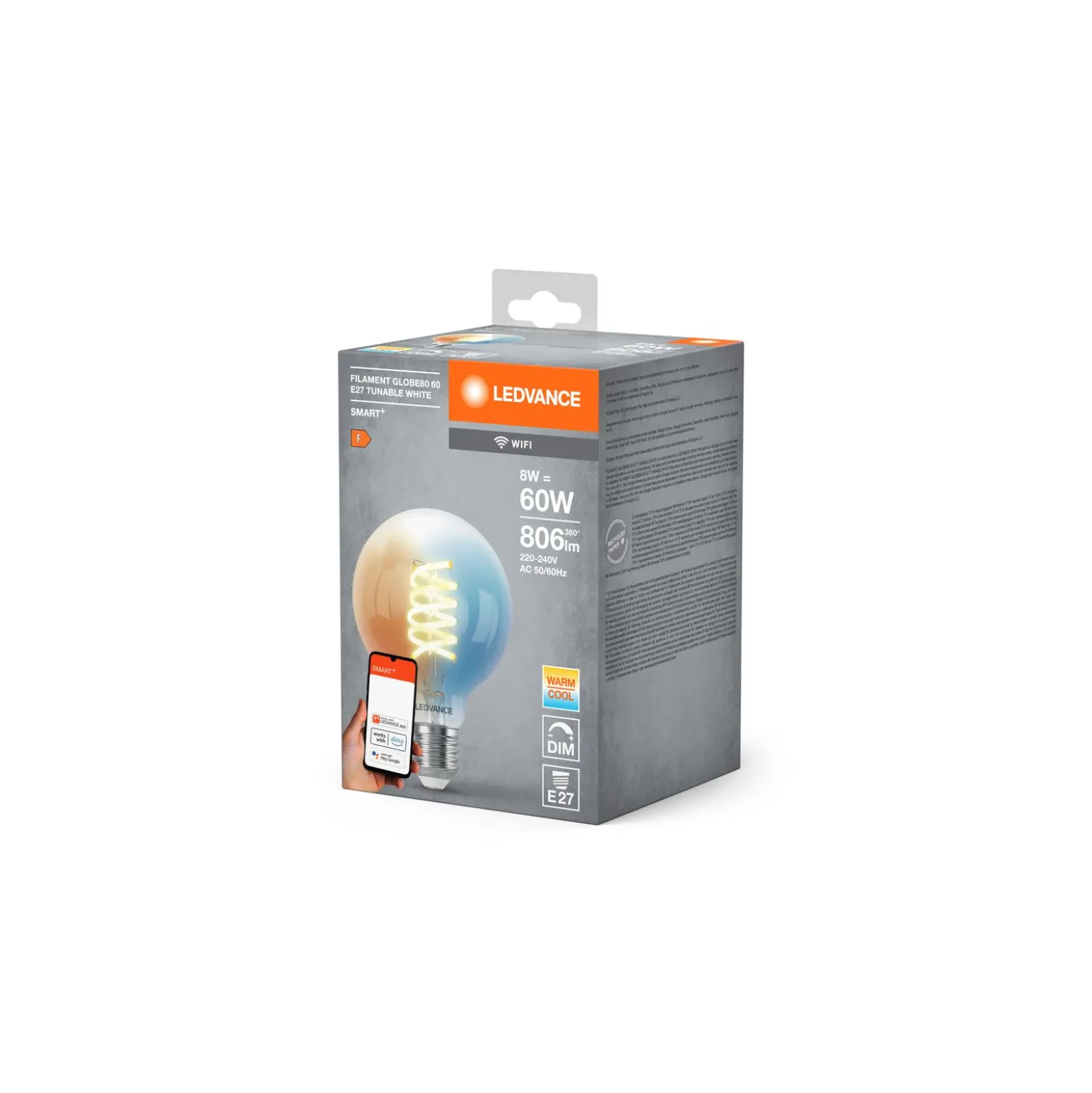 Ledvance Smart+ Wifi E27 G80 8W 806lm - 827-865 Justerbar Vit | Dimbar - Ersättare 60W
