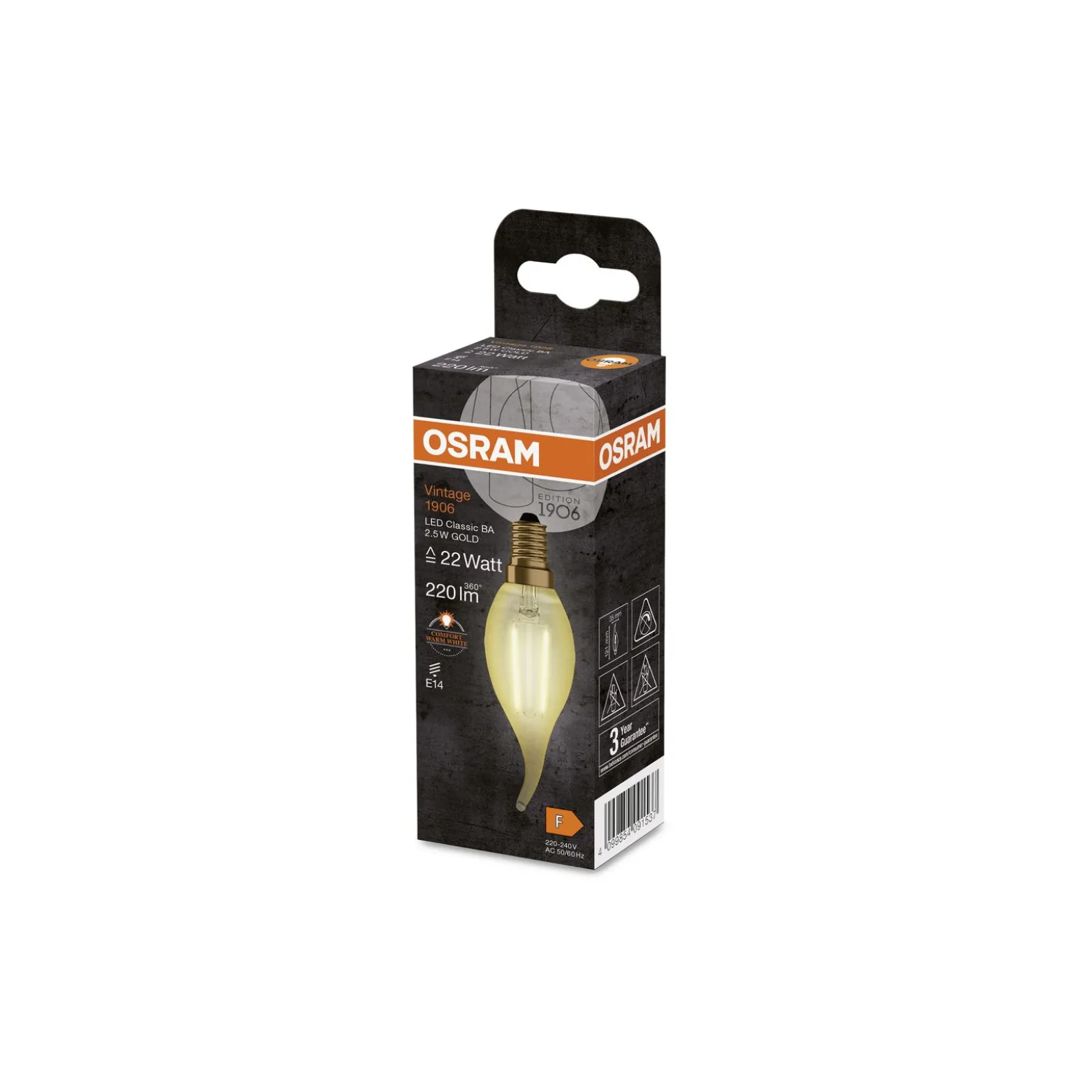 Ledvance Vintage 1906 LED E14 Kronljus Guld 2.5W 220lm - 824 Extra Varm Vit | Ersättare 22W