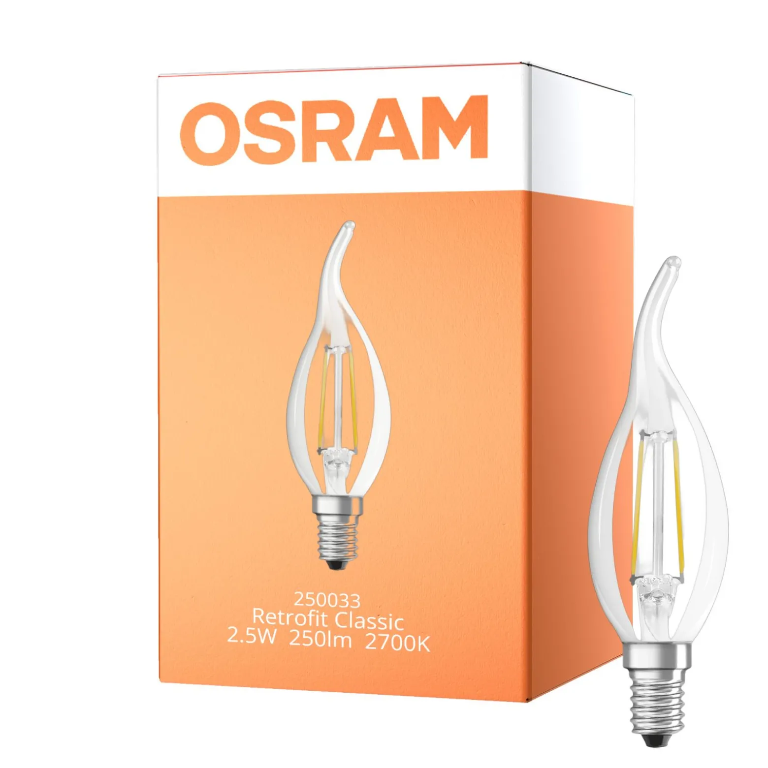 Osram Classic LED E14 Böjd-tip candle Filament Klar 2.5W 250lm - 827 Extra Varm Vit | Ersättare 25W