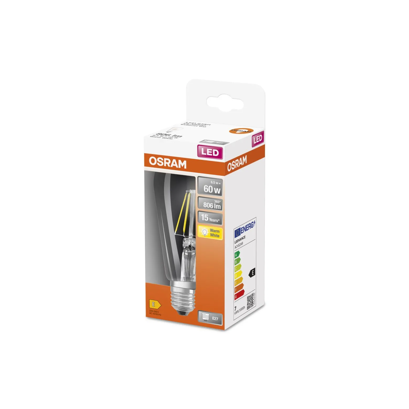 Osram Classic LED E27 Edison Filament Klar 6.5W 806lm - 827 Extra Varm Vit | Ersättare 60W