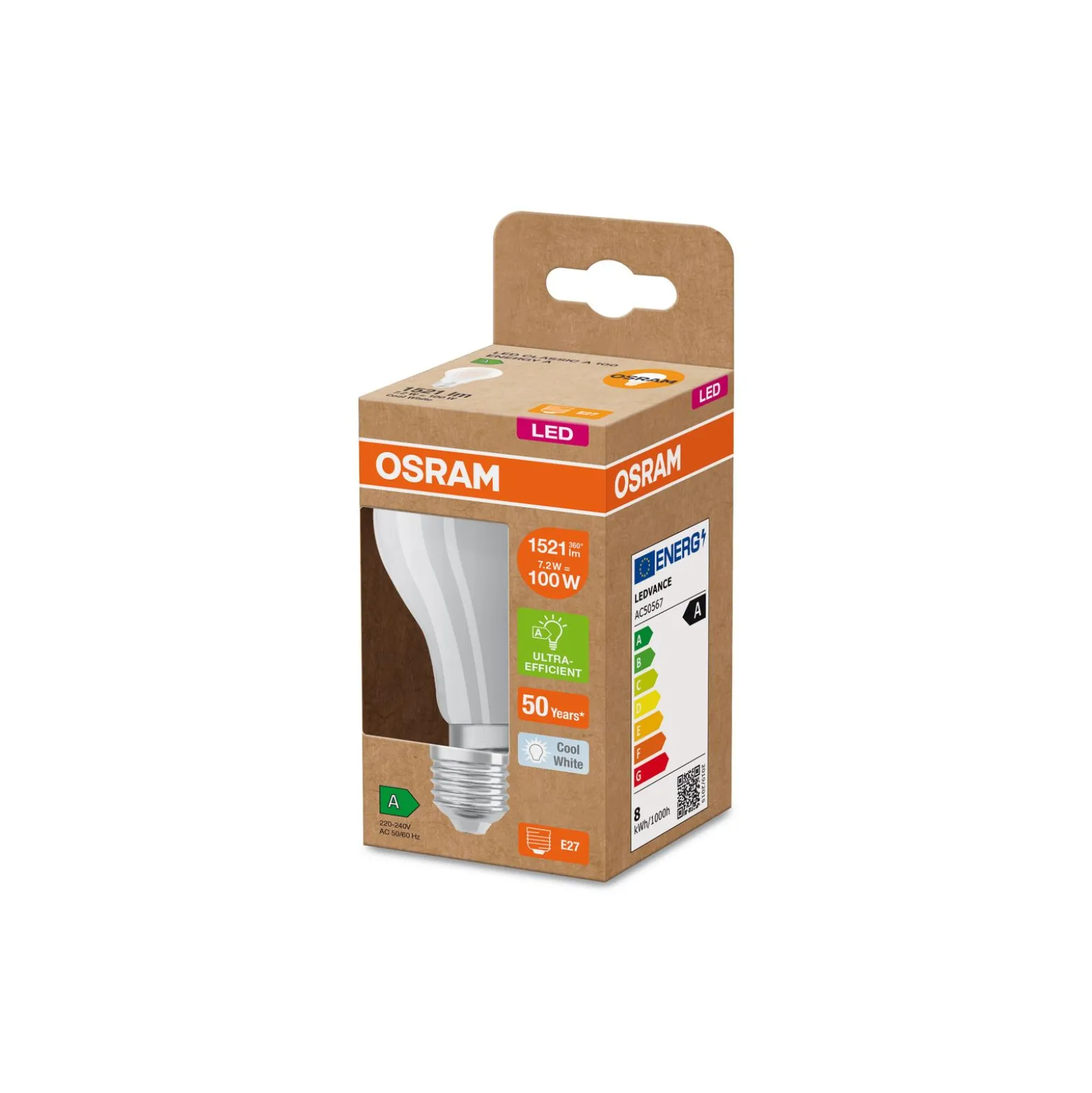 Osram Classic LED E27 Päron Filament Matt 7.2W 1521lm Ultra Efficiency - 840 Kallvit | Ersättare 100W
