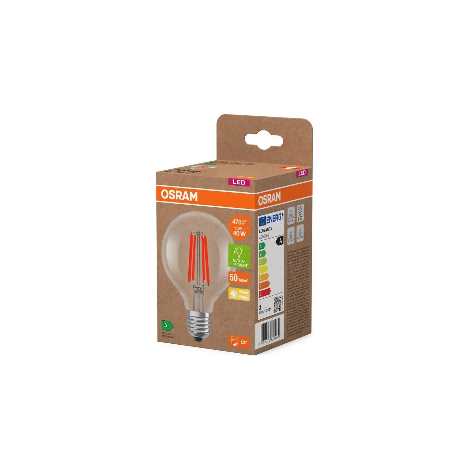 Osram LED Lamps E27 Globe Filament Klar 2.2W 470lm - 827 Extra Varm Vit | Ersättare 40W