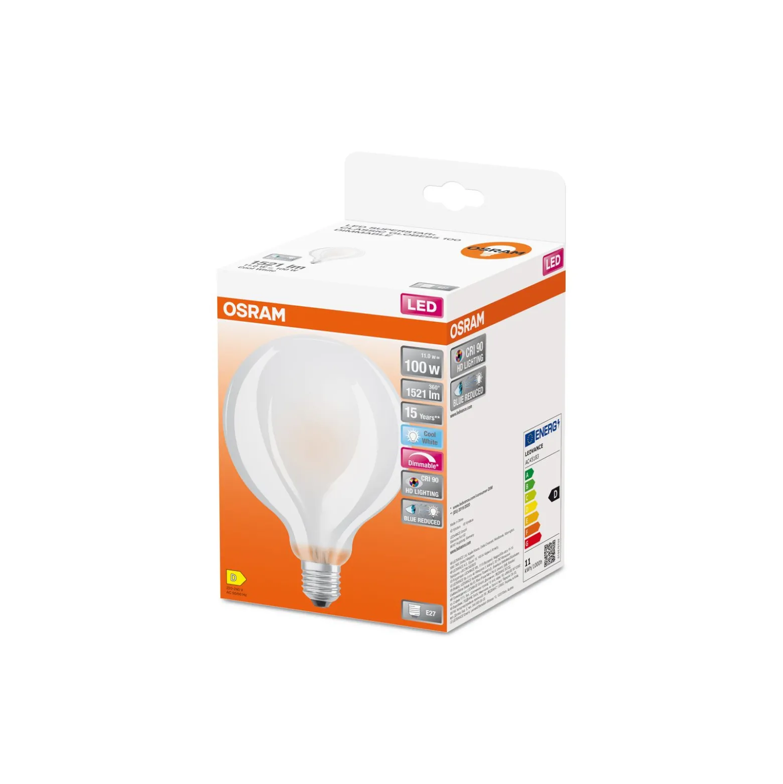 Osram LED Superstar E27 Globe Filament Matt 11W 1521lm - 940 Kallvit | Bästa Färgåtergivning - Ersättare 100W