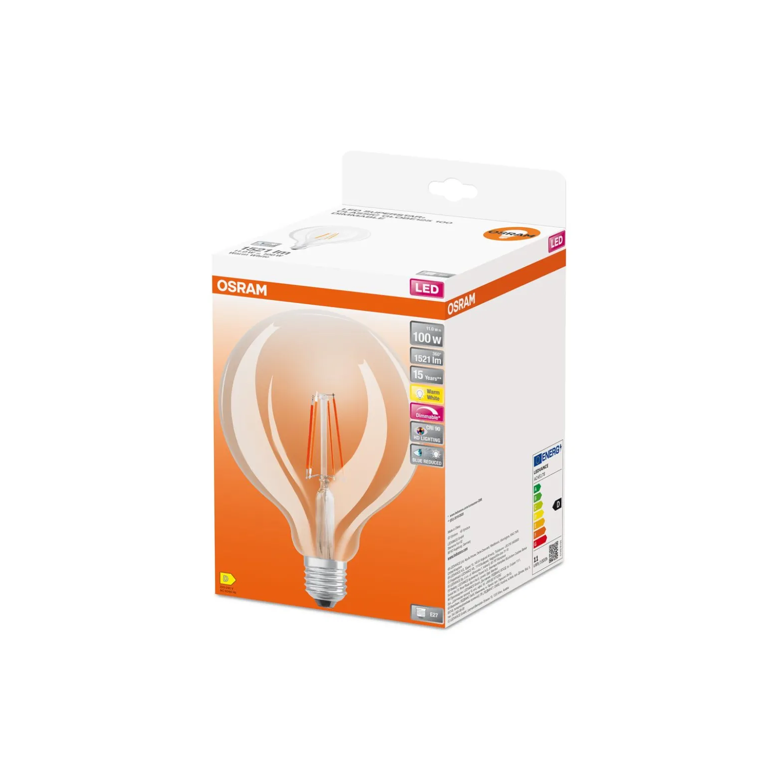 Osram LED Superstar E27 Globe G125 Filament Klar 11W 1521lm - 927 Extra Varm Vit | Bästa Färgåtergivning - Ersättare 100W