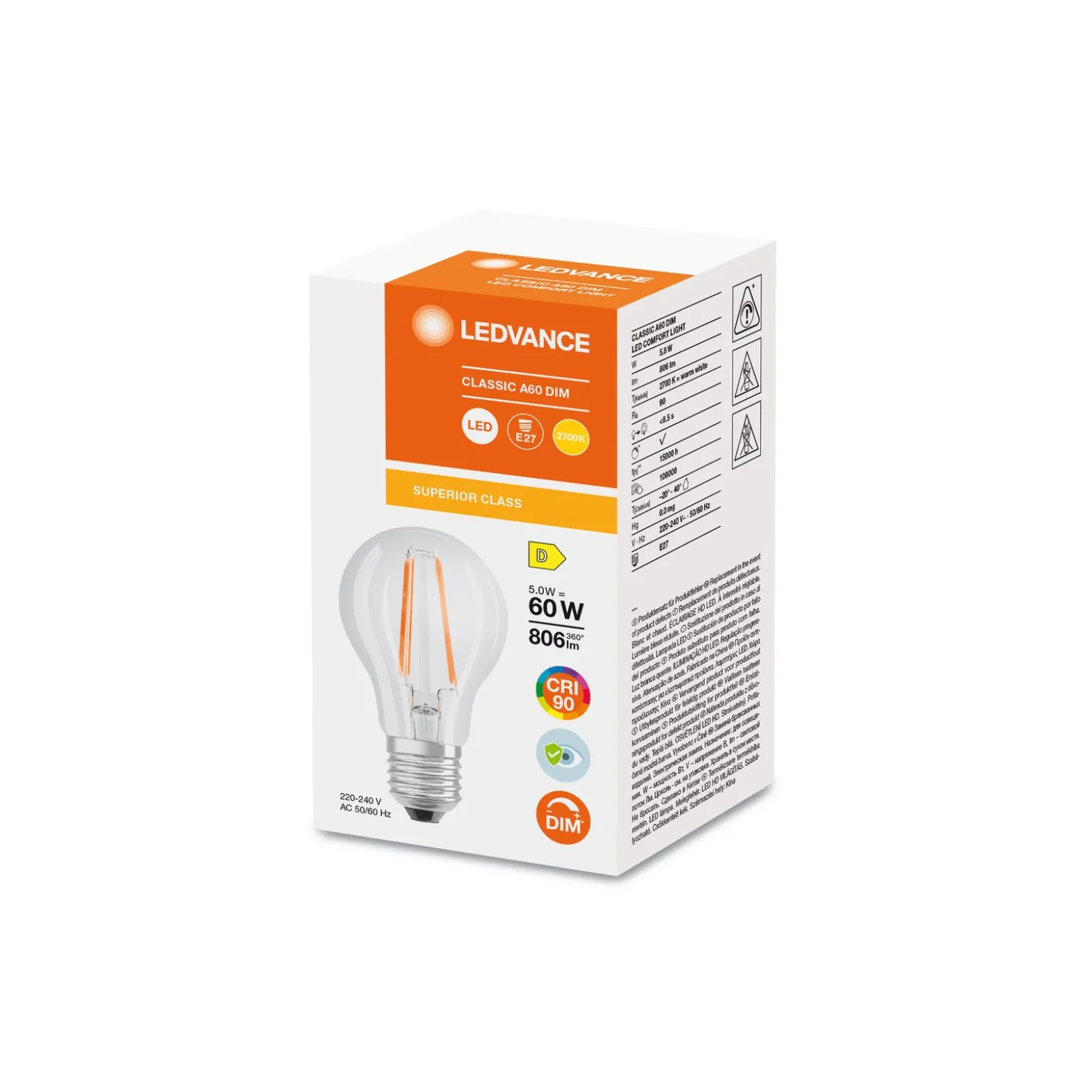 Osram LED Superstar E27 Päron Filament Klar 5.8W 806lm - 927 Extra Varm Vit | Bästa Färgåtergivning - Dimbar - Ersättare 60W