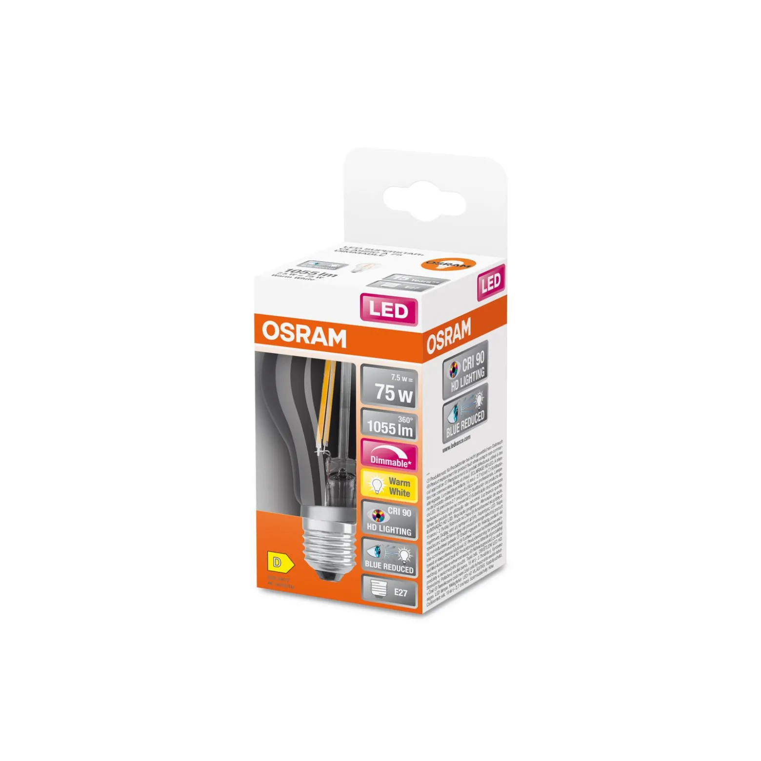 Osram LED Superstar E27 Päron Filament Klar 7.5W 1055lm - 927 Extra Varm Vit | Bästa Färgåtergivning - Dimbar - Ersättare 75W