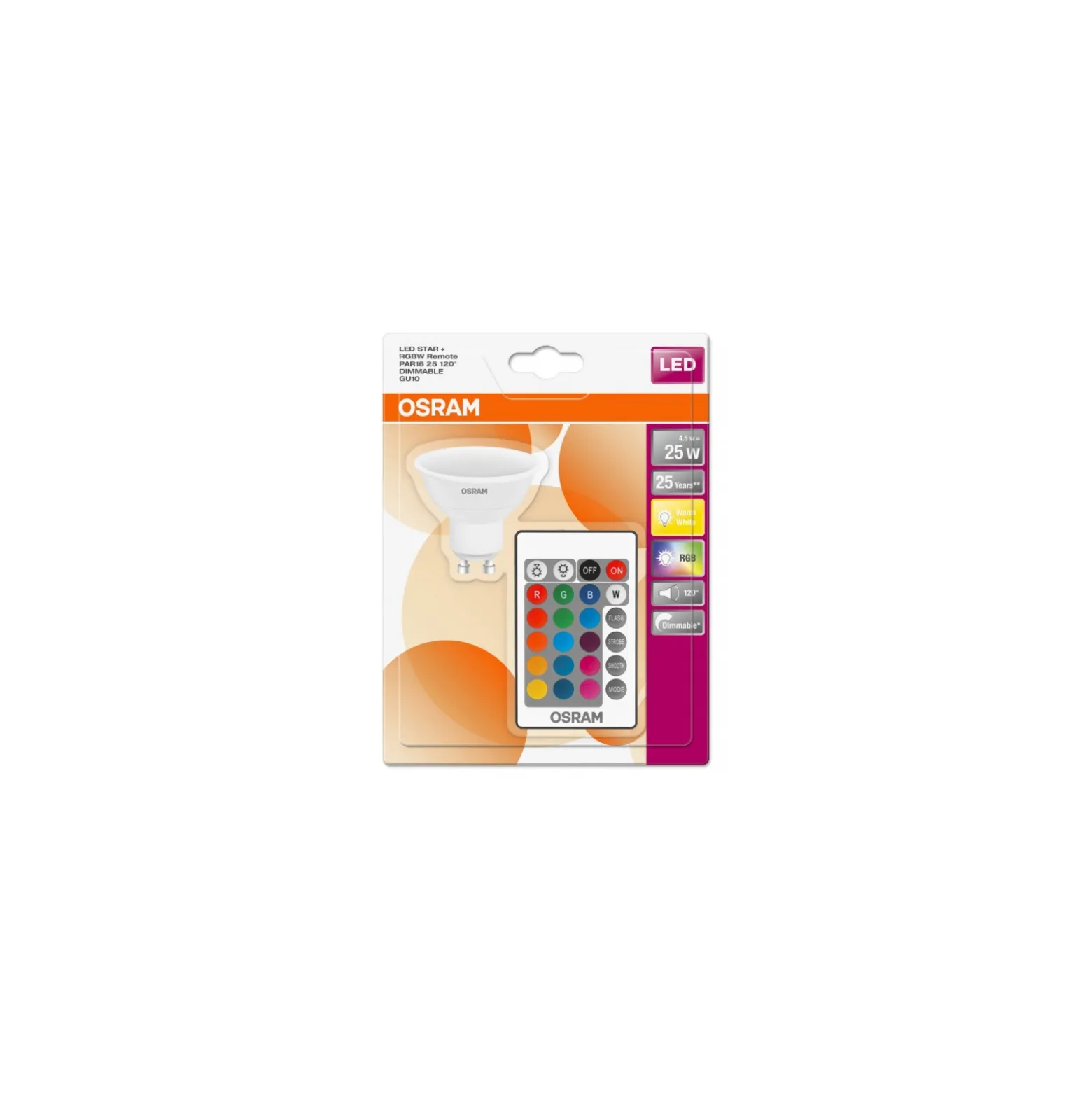Osram Parathom Retrofit LED Spot GU10 PAR16 2,9W 250lm 120D - 827 Extra Varm Vit | RGBW - Dimbar - Fjärrkontroll - Ersättare 25W