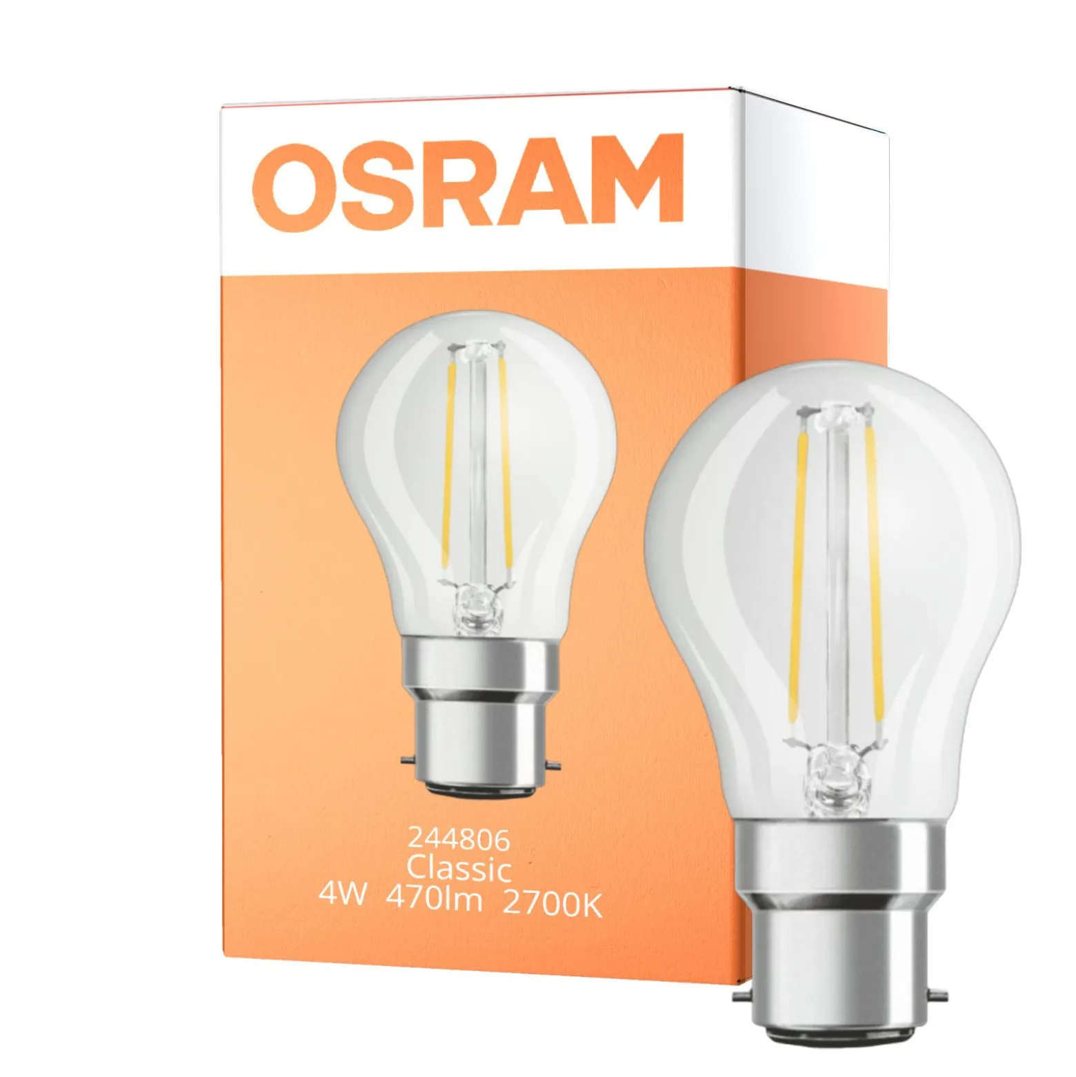 Osram Retrofit Classic LED B22d P45 boll Filament Klar 4W 470lm - 827 Extra Varm Vit | Ersättare 40W