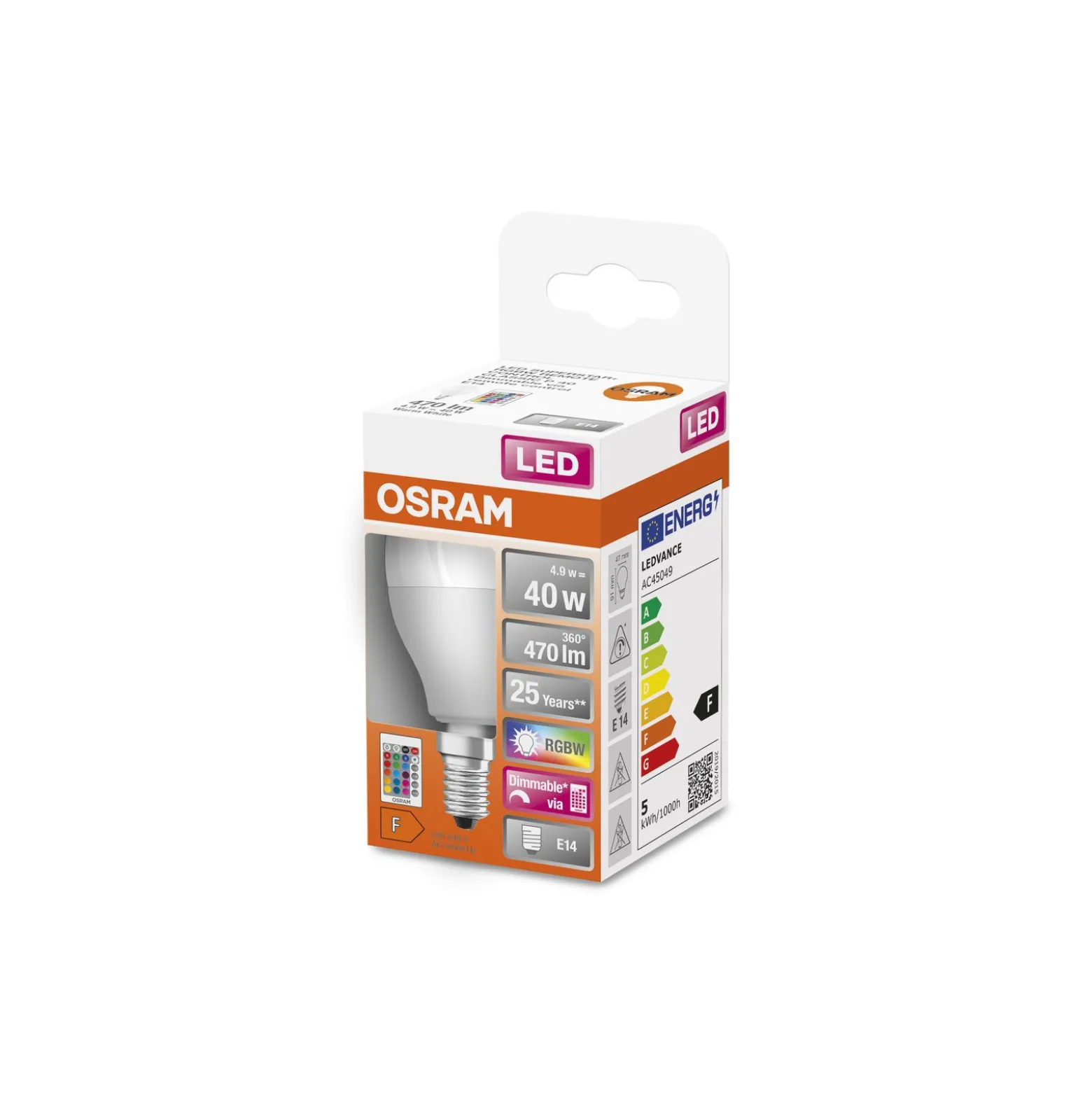 Osram Retrofit LED E14 Boll Matt 4.9W 470lm - 827 Extra Varm Vit | RGBW - Dimbar - Fjärrkontroll - Ersättare 40W