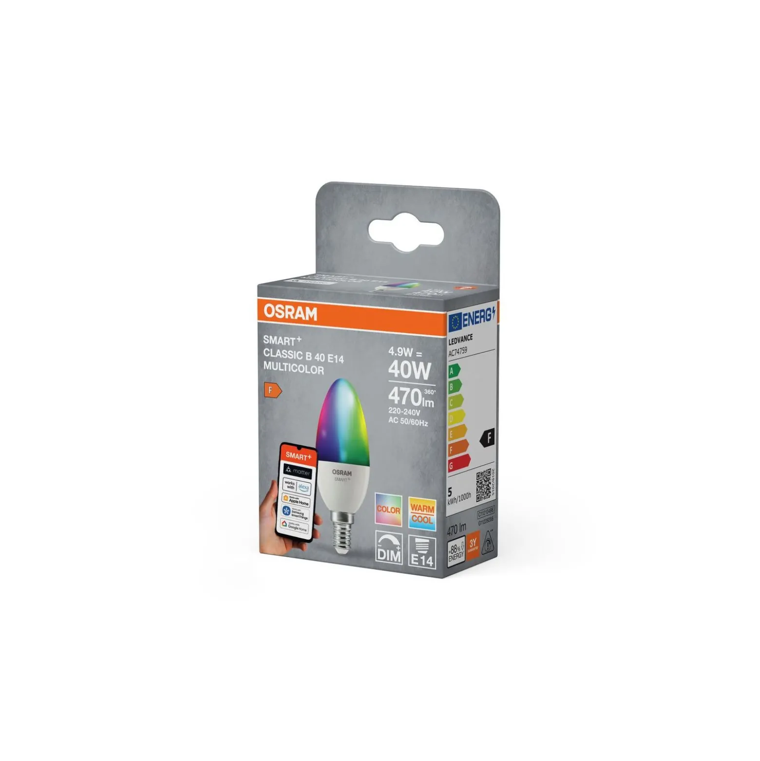 Osram Smart+ Matter Classic LED E14 Kronljus Matt 4.9W 470lm - 827-865 Justerbar Vit | Dimbar - Ersättare 40W