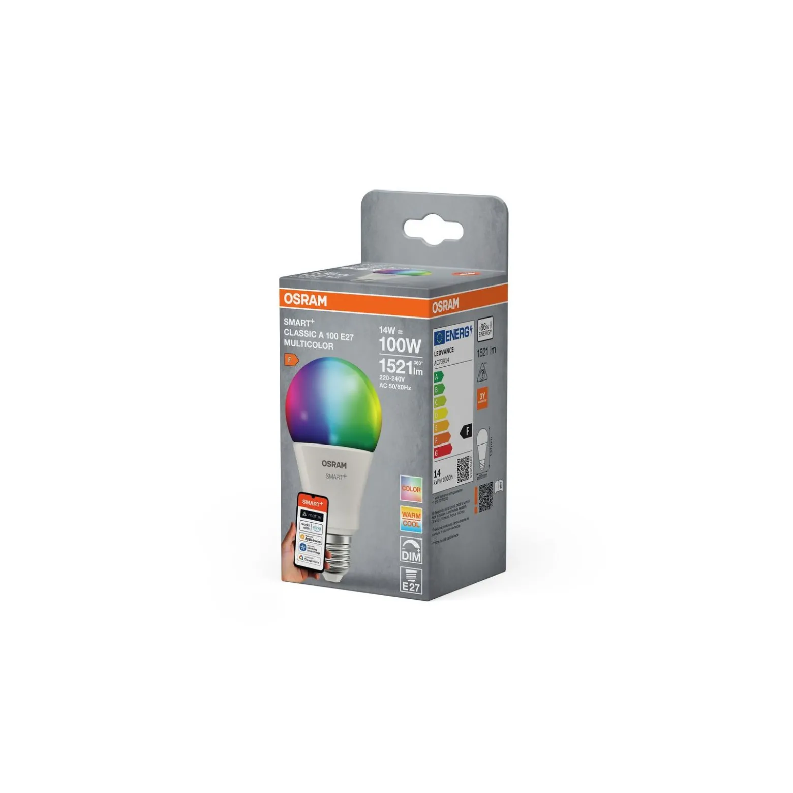 Osram Smart+ Matter ClassicLED E27 Päron Matt 14W 1521lm - 827-865 Justerbar Vit | Dimbar - Ersättare 100W