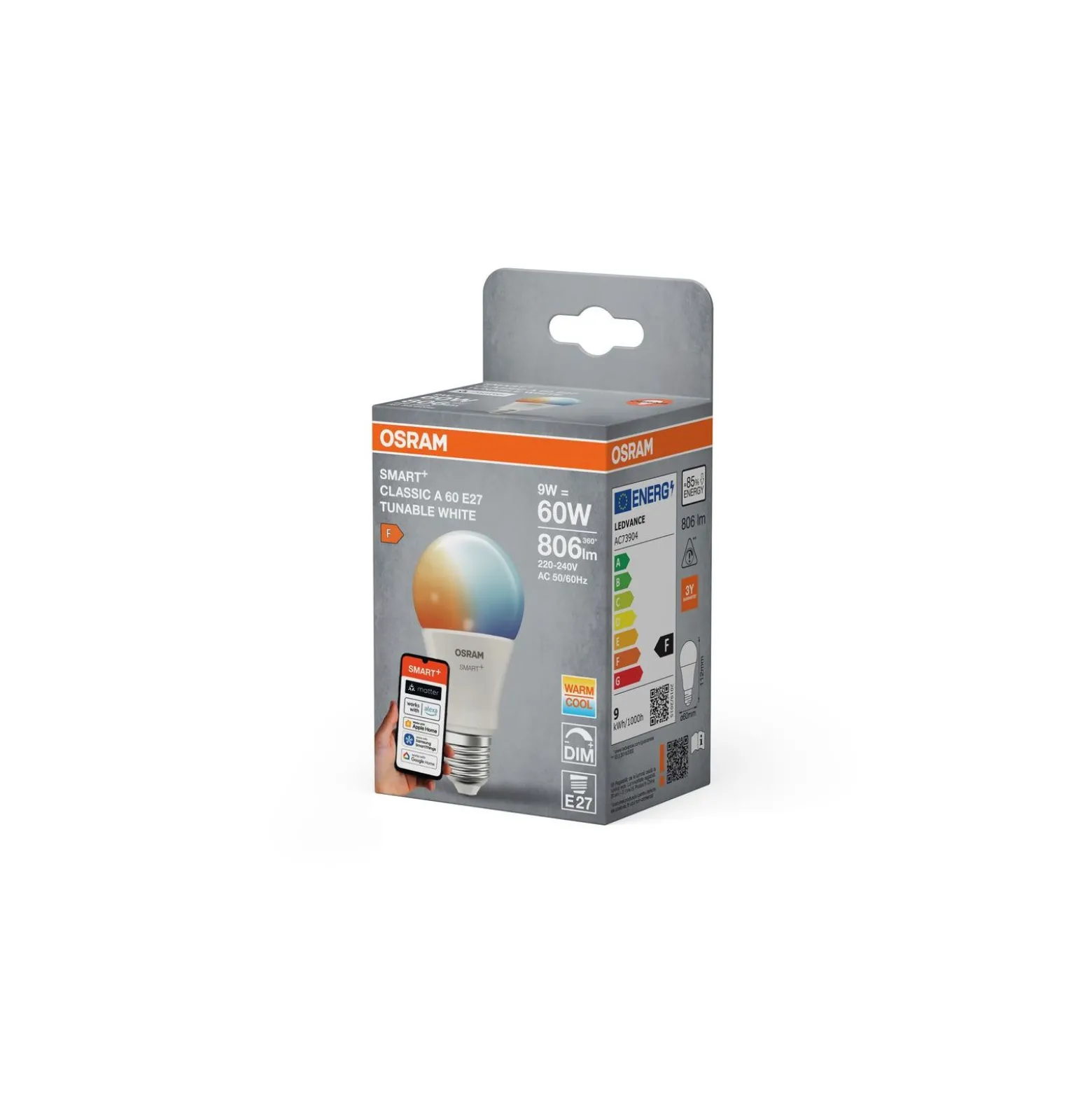 Osram Smart+ Matter Classic LED E27 Päron Matt 9W 806lm - 827-865 Justerbar Vit | Dimbar - Ersättare 60W