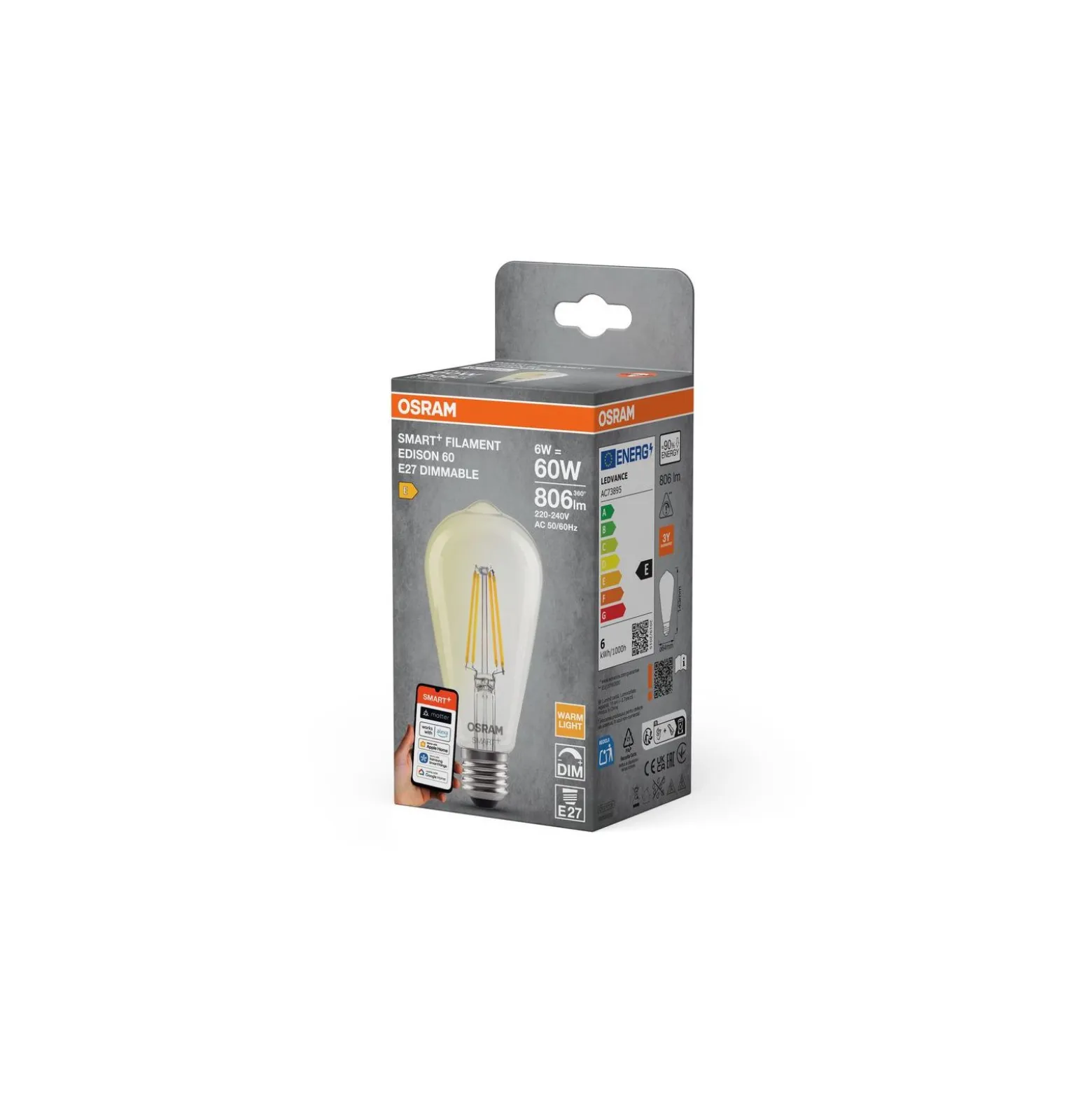 Osram Smart+ Matter E27 Edison Filament Klar 6W 806lm - 827 Extra Varm Vit | Dimbar - Via Smart Device Only - Ersättare 60W
