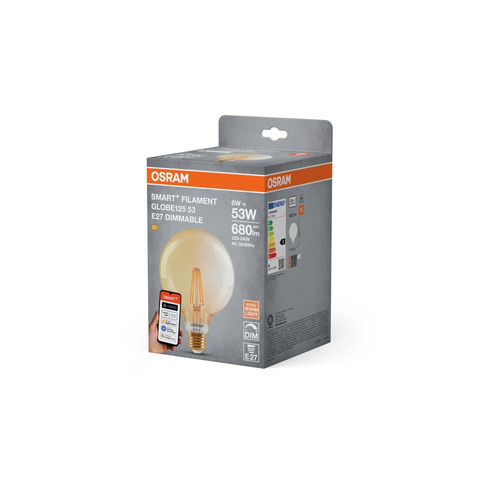 Osram Smart+ Matter E27 Globe Filament Guld 6W 680lm - 824 Extra Varm Vit | Dimbar - Via Smart Device Only - Ersättare 60W
