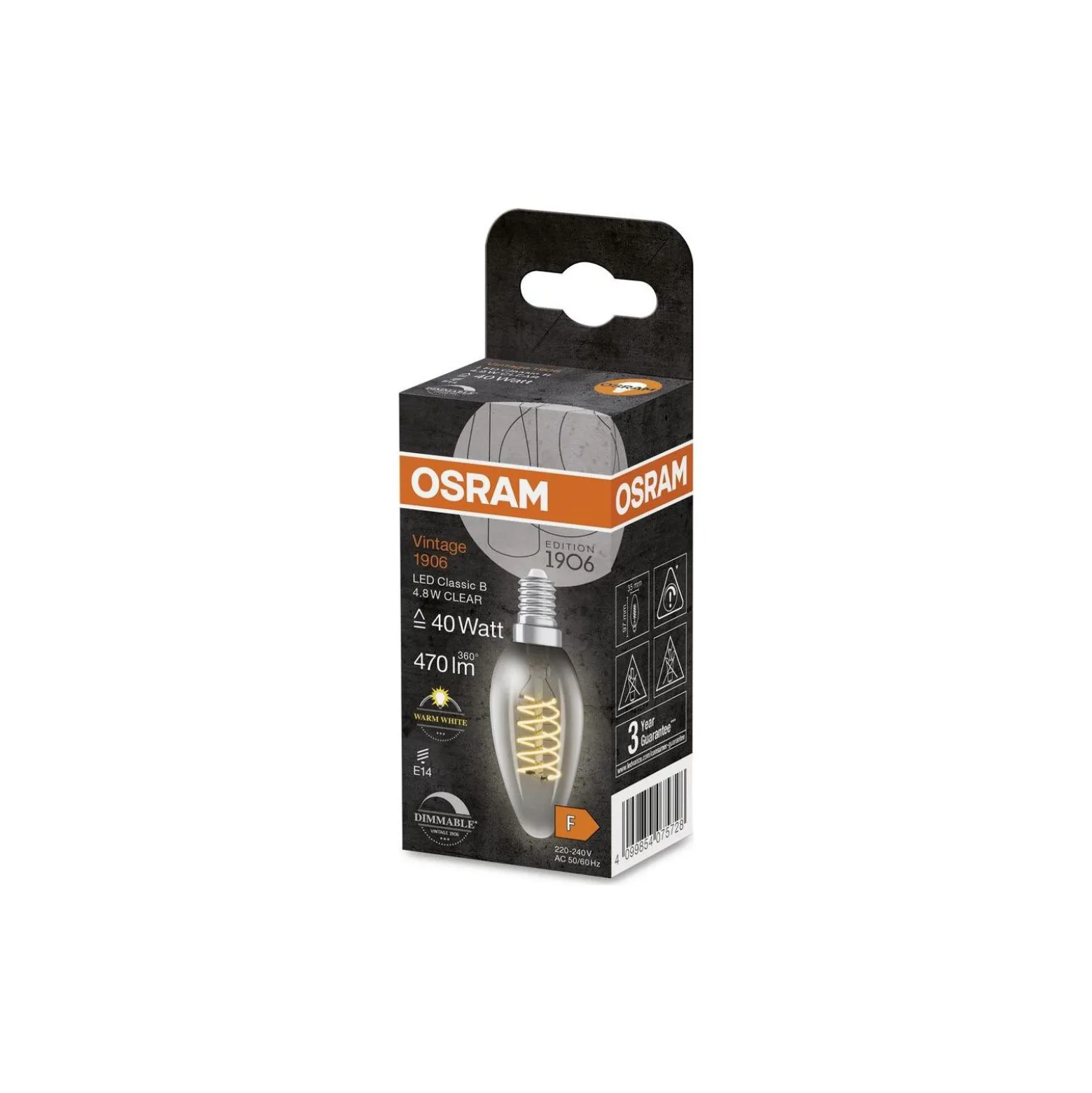Osram Vintage 1906 LED Classic Slim E14 Kronljus Filament Klar 4.8W 470lm - 827 Extra Varm Vit | Dimbar - Ersättare 40W