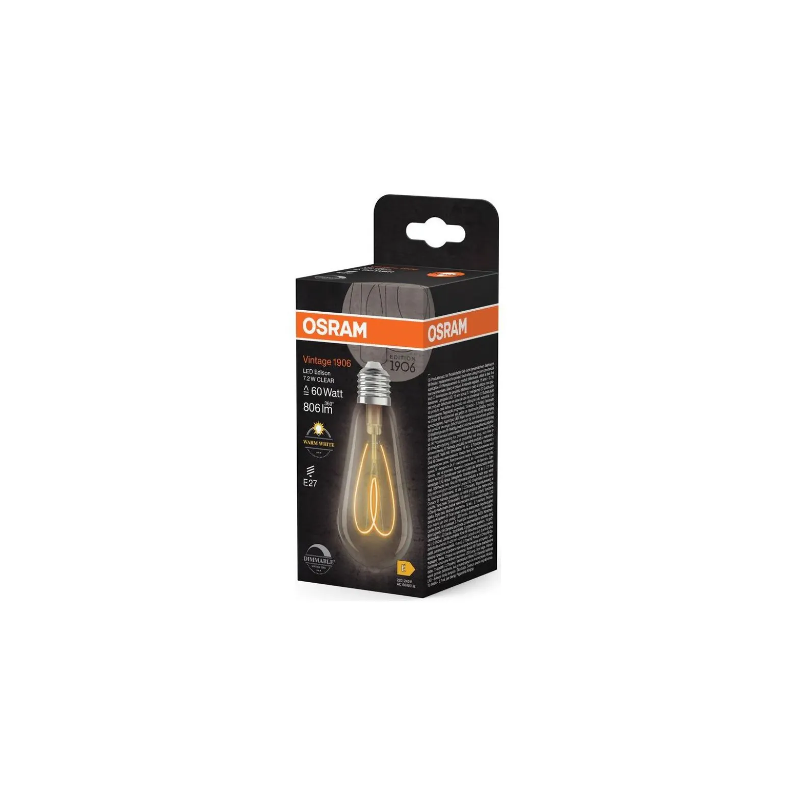 Osram Vintage 1906 LED E27 Edison Filament Klar 7.2W 806lm - 927 Extra Varm Vit | Bästa Färgåtergivning - Dimbar - Ersättare 60W