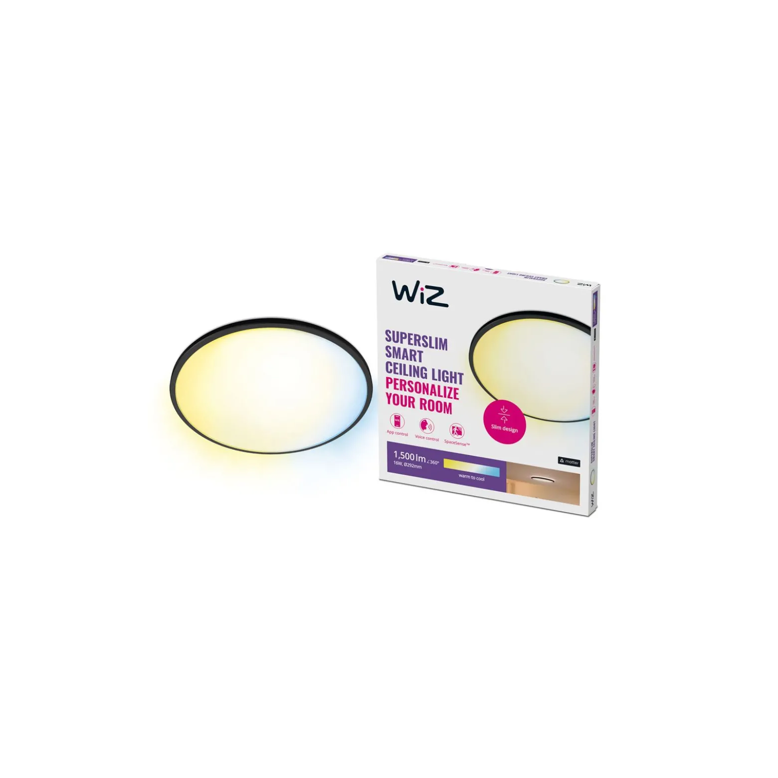 WiZ Smart LED Taklampa SuperSlim Svart 16W 1300lm - 927-965 Justerbar Vit | IP20 - Bästa Färgåtergivning - Wifi Dimbar