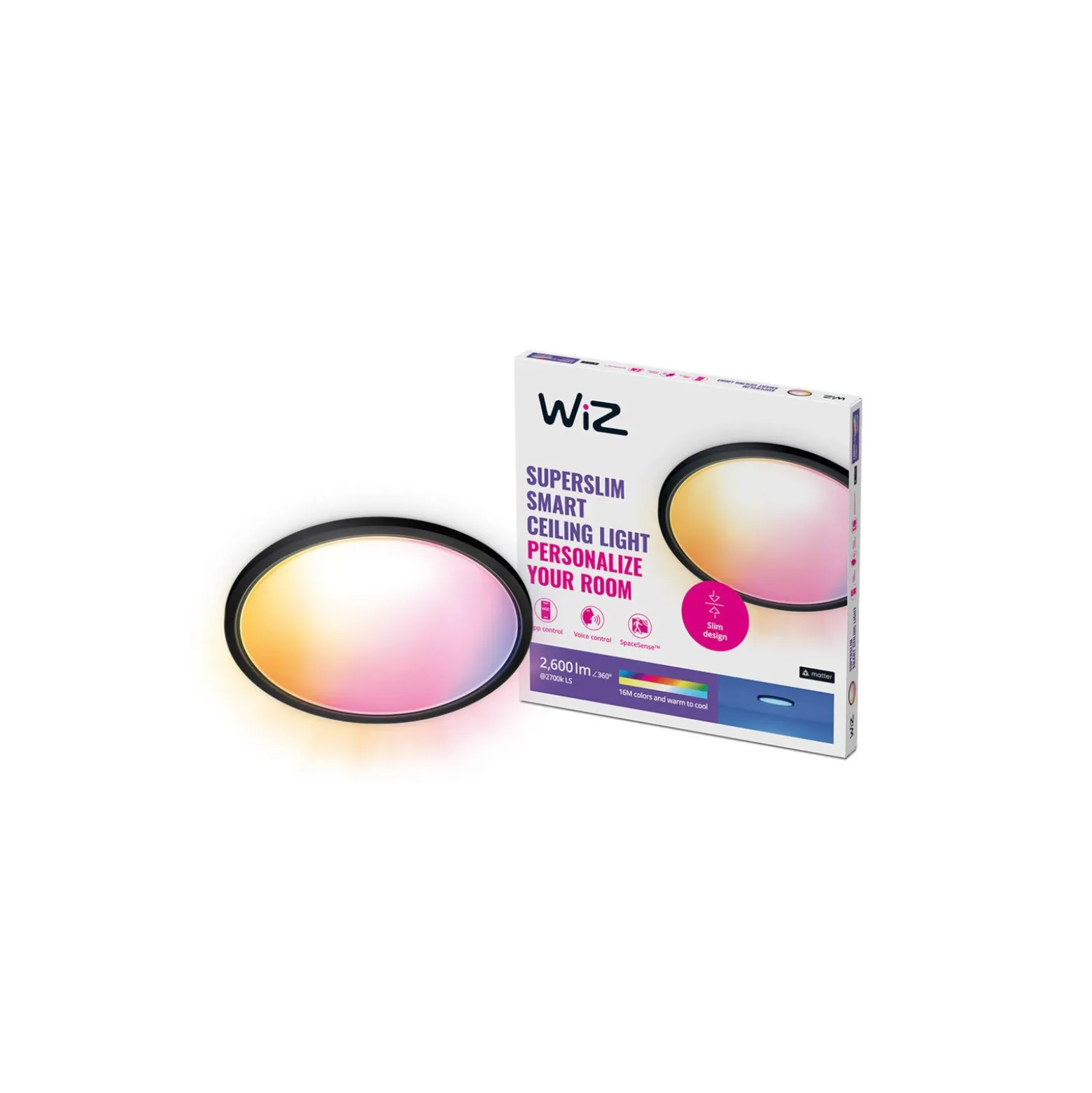 WiZ Smart LED Taklampa SuperSlim Svart 22W 2600lm - 922-950 Justerbar Vit + RGB | IP20 - Bästa Färgåtergivning - Wifi Dimbar